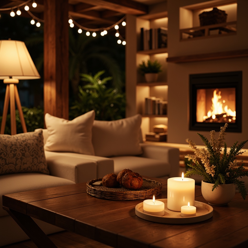 Prompt: Warm ambient lighting, cozy atmosphere, soft glowing lamps, rustic wooden accents, plush furniture, natural textiles, earthy color palette, warm beige tones, creamy whites, rich wood grains, comfortable seating areas, inviting fireplaces, crackling flames, gentle candlelight, soothing music, peaceful ambiance, calming scents, essential oils, subtle aromas, dimmable lighting, adjustable brightness, layered lighting effects, 1/2 composition, shallow depth of field, soft focus, warm color temperature, relaxing mood.