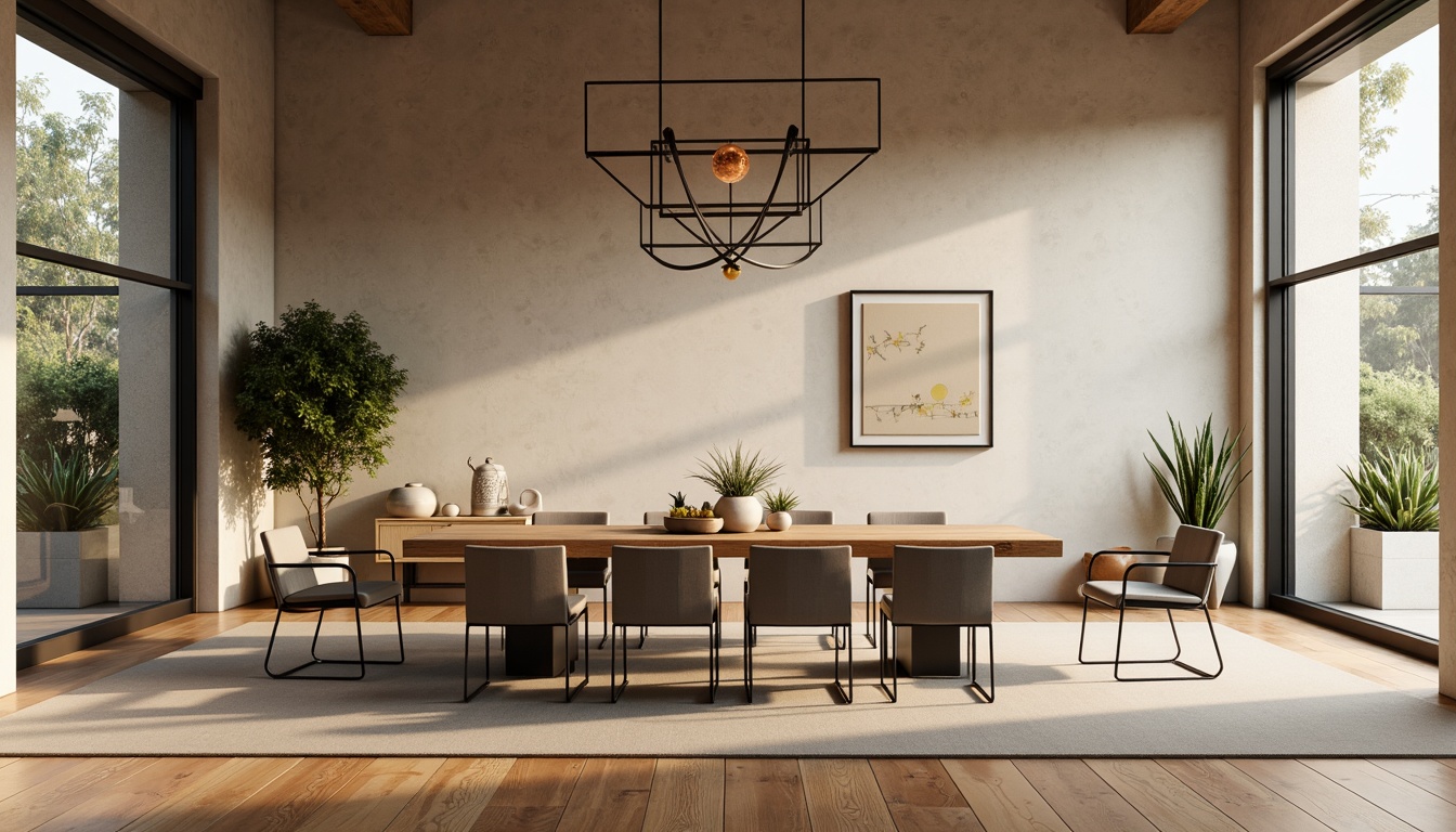 Prompt: Minimalist dining room, rectangular table, sleek metal legs, comfortable cushioned chairs, warm wood flooring, natural stone walls, floor-to-ceiling windows, abundant daylight, soft diffused lighting, 3-point composition, shallow depth of field, realistic textures, ambient occlusion, modern pendant lamps, geometric-shaped decorations, greenery accents, elegant centerpieces, warm beige color scheme, inviting atmosphere.