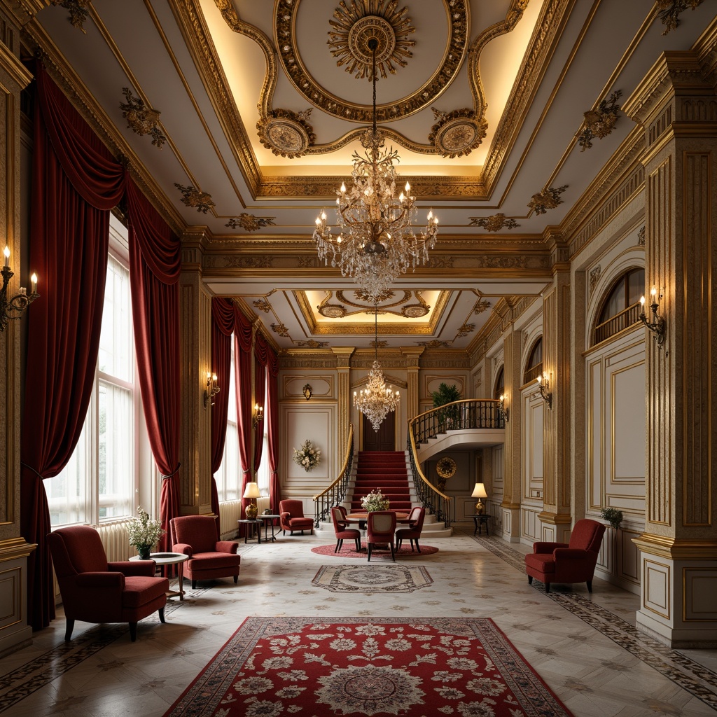 Prompt: Luxurious interior, ornate moldings, intricately carved details, golden accents, lavish furnishings, velvet drapes, crystal chandeliers, marble floors, stately columns, grand staircase, opulent ceiling design, richly patterned rugs, warm ambient lighting, soft focus, shallow depth of field, 2/3 composition, realistic textures, subtle color grading.