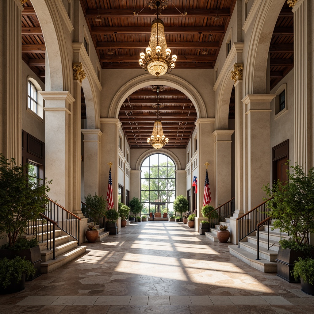 Prompt: Grand courthouse entrance, majestic stone columns, sweeping archways, intricately carved details, polished marble floors, rich wood accents, elegant chandeliers, stately staircases, ornate ironwork, vibrant American flags, lush greenery surroundings, warm natural lighting, shallow depth of field, 1/2 composition, realistic textures, ambient occlusion.