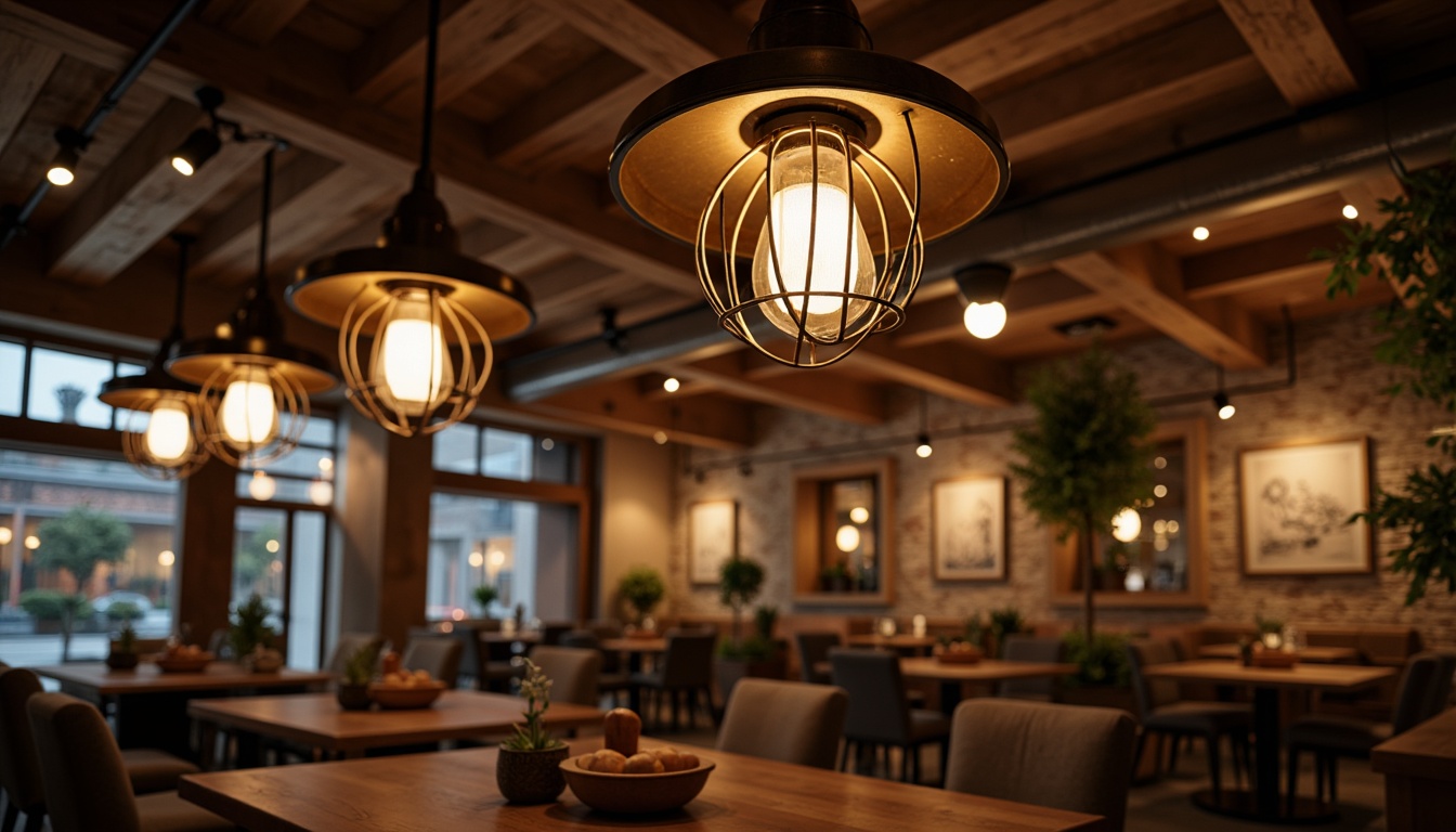 Prompt: Cozy pendant lamps, warm white LED lights, ornate metal chandeliers, delicate glass shades, rustic wooden beams, intimate dining areas, soft diffused lighting, warm golden tones, relaxing atmosphere, modern industrial design, exposed brick walls, reclaimed wood accents, earthy color palette, natural textures, subtle shadows, dramatic ceiling fixtures, elegant crystal drops, luxurious velvet fabrics, refined bronze details.