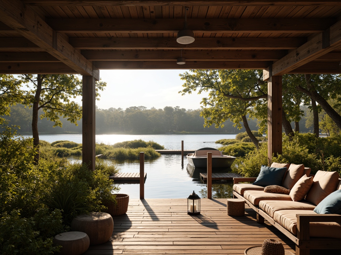 Prompt: Rustic boathouse, wooden docks, serene lake views, aquatic plants, sunny afternoon, warm golden lighting, natural wood tones, earthy brown colors, blues and greens, nautical accents, vintage ropes, distressed finishes, cozy textiles, woven baskets, lantern-style lighting, 1/1 composition, shallow depth of field, realistic reflections.