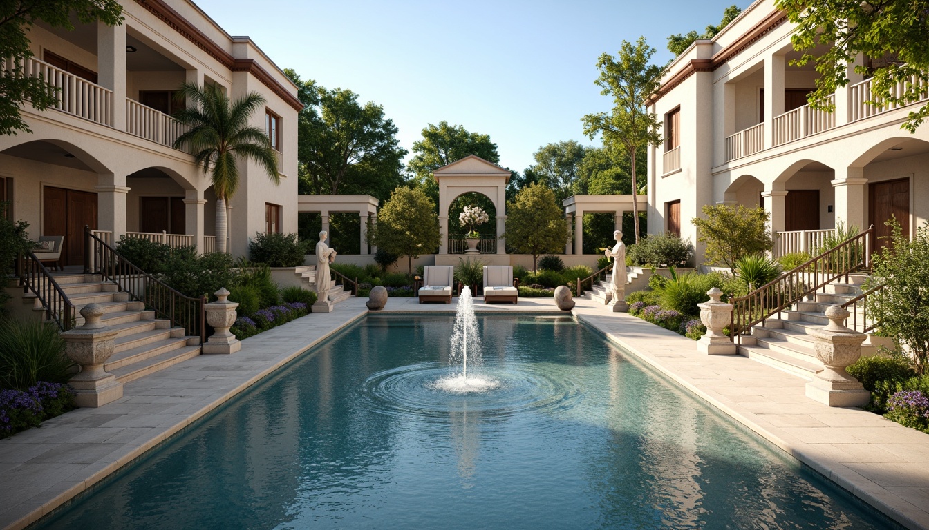 Prompt: Timeless swimming pool, symmetrical layout, ornate fountains, grand staircases, elegant statues, lush greenery, vibrant flowers, natural stone coping, travertine decking, classic columns, balustrades, archways, soft warm lighting, shallow depth of field, 3/4 composition, panoramic view, realistic textures, ambient occlusion.