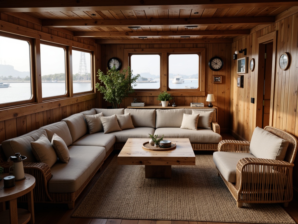 Prompt: Cozy boathouse interior, rustic wooden accents, nautical themed decor, plush sectional sofas, reclaimed wood coffee tables, woven wicker armchairs, vintage navigation instruments, porthole windows, natural linen upholstery, soft warm lighting, 1/1 composition, shallow depth of field, realistic textures, ambient occlusion.