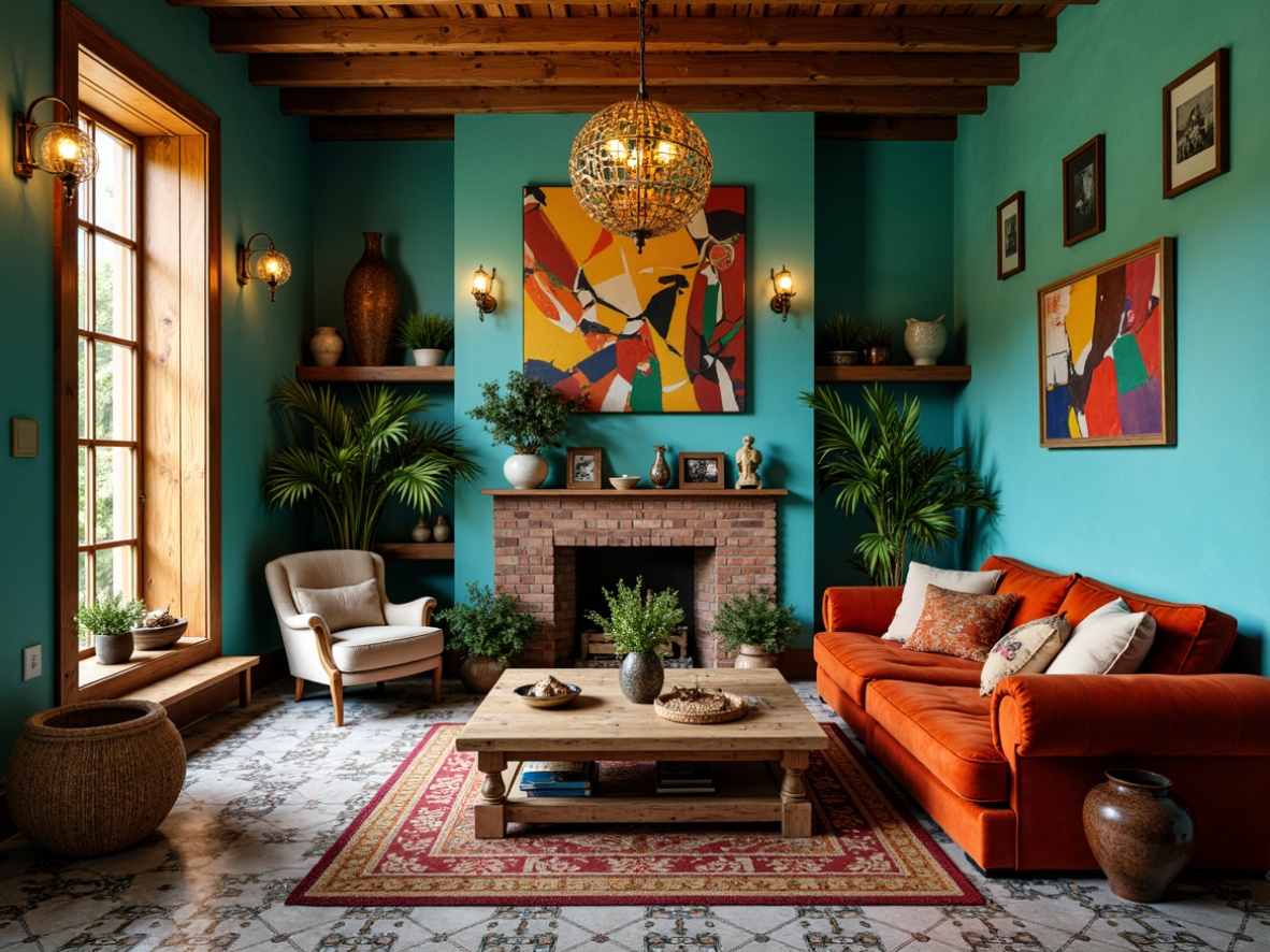 Prompt: Vibrant eclectic interior, bold color palette, rich turquoise walls, warm golden lighting, distressed wood accents, plush velvet furniture, abstract artwork, geometric patterns, Moroccan-inspired tiles, ornate metal fixtures, lush greenery, natural textiles, woven baskets, vintage decorative pieces, eclectic accessories, mix-and-match styles, bohemian chic atmosphere, soft focus, warm ambient lighting, 1/1 composition, realistic textures.