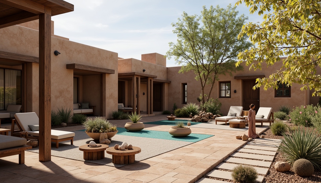 Prompt: Earth-toned adobe buildings, natural stone walls, wooden accents, rustic metal details, desert botanicals, cacti, succulents, turquoise accents, woven textiles, hand-carved wooden furniture, reclaimed wood floors, earthy color palette, soft warm lighting, shallow depth of field, 3/4 composition, panoramic view, realistic textures, ambient occlusion, serene courtyard, water features, meditation areas, calming ambiance.