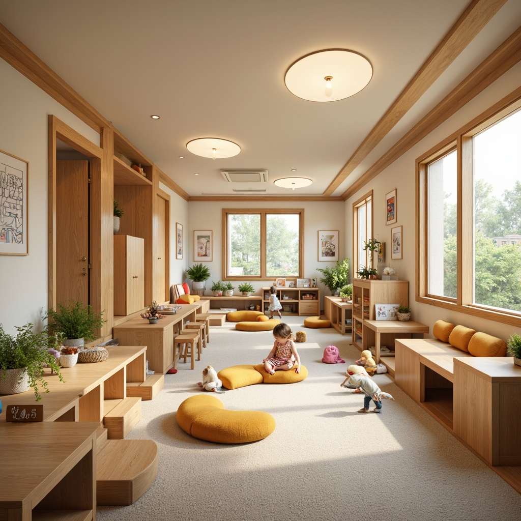 Prompt: Vibrant kindergarten interior, natural wood accents, soft pastel colors, minimalist decor, cozy reading nooks, plush carpets, ergonomic kid-sized furniture, curved wooden tables, tiny chairs, educational wall displays, interactive play areas, sensory stimulation zones, calming ambient lighting, warm beige tones, Asian-inspired motifs, bamboo textures, paper lanterns, sliding shoji screens, harmonious spatial layout, 1/1 composition, soft focus blur, realistic wood grain.