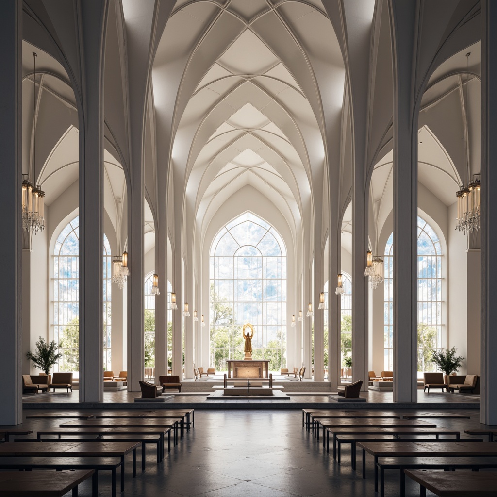 Prompt: Ethereal chapel, curved lines, minimalist decor, monochromatic color scheme, polished marble floors, sleek metal accents, stained glass windows, vaulted ceilings, ornate chandeliers, futuristic pews, holographic altarpieces, ambient lighting, shallow depth of field, 1/1 composition, symmetrical framing, soft warm glow, subtle misting effects, intricate geometric patterns, luxurious textiles, sacred symbols, spiritual ambiance, peaceful atmosphere.