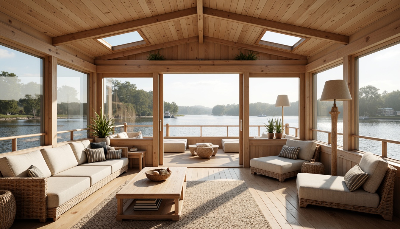 Prompt: Cozy boathouse interior, wooden accents, nautical decorations, water-inspired color palette, large windows, sliding glass doors, skylights, clerestory windows, reflective surfaces, minimal obstruction, open floor plan, vaulted ceiling, warm beige tones, soft cream colors, natural textiles, woven fibers, organic patterns, subtle wood grain, gentle morning light, soft diffused lighting, shallow depth of field, 1/1 composition, relaxed atmosphere.