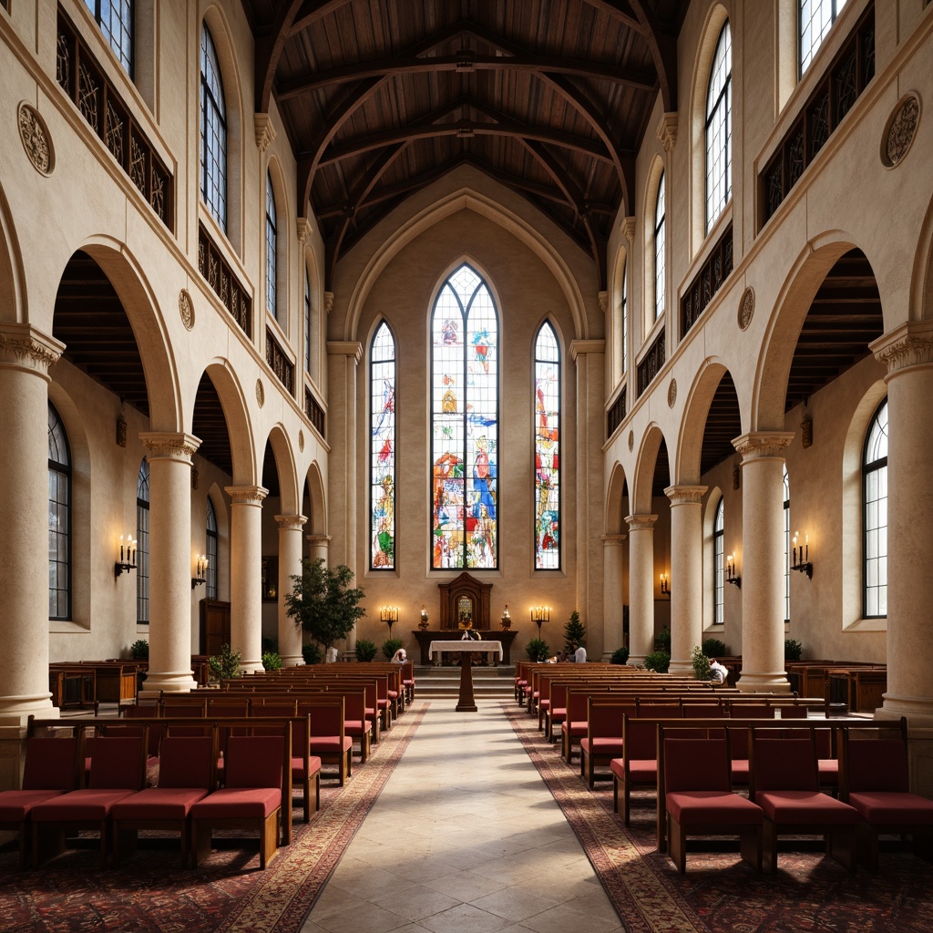 Prompt: Elegant nave, stained glass windows, vaulted ceilings, rustic wooden pews, ornate altar, Gothic arches, warm beige stone walls, soft candlelight, vintage lanterns, plush velvet upholstery, refined minimalist decor, sleek metal accents, subtle patterned rugs, earthy tone color palette, natural light pouring in, shallow depth of field, 2/3 composition, realistic textures, ambient occlusion.