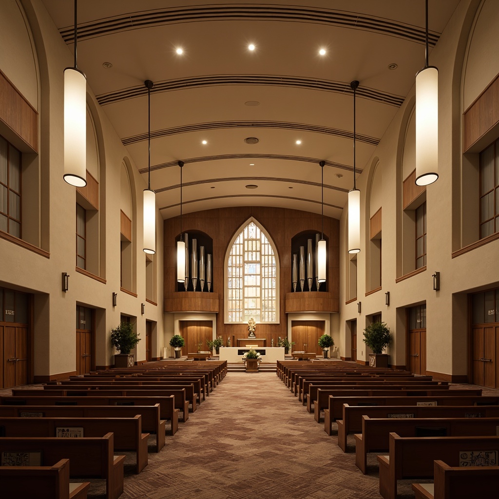 Prompt: Elegant worship hall, Streamline Moderne architecture, sweeping curves, minimalist decor, subtle lighting accents, suspended lanterns, cylindrical chandeliers, frosted glass shades, polished chrome fixtures, ambient luminescence, soft warm glow, dramatic high ceilings, ornate wooden pews, richly textured carpets, intricate stone carvings, grandiose pipe organs, serene atmosphere, morning light, shallow depth of field, 1/1 composition, realistic textures, ambient occlusion.