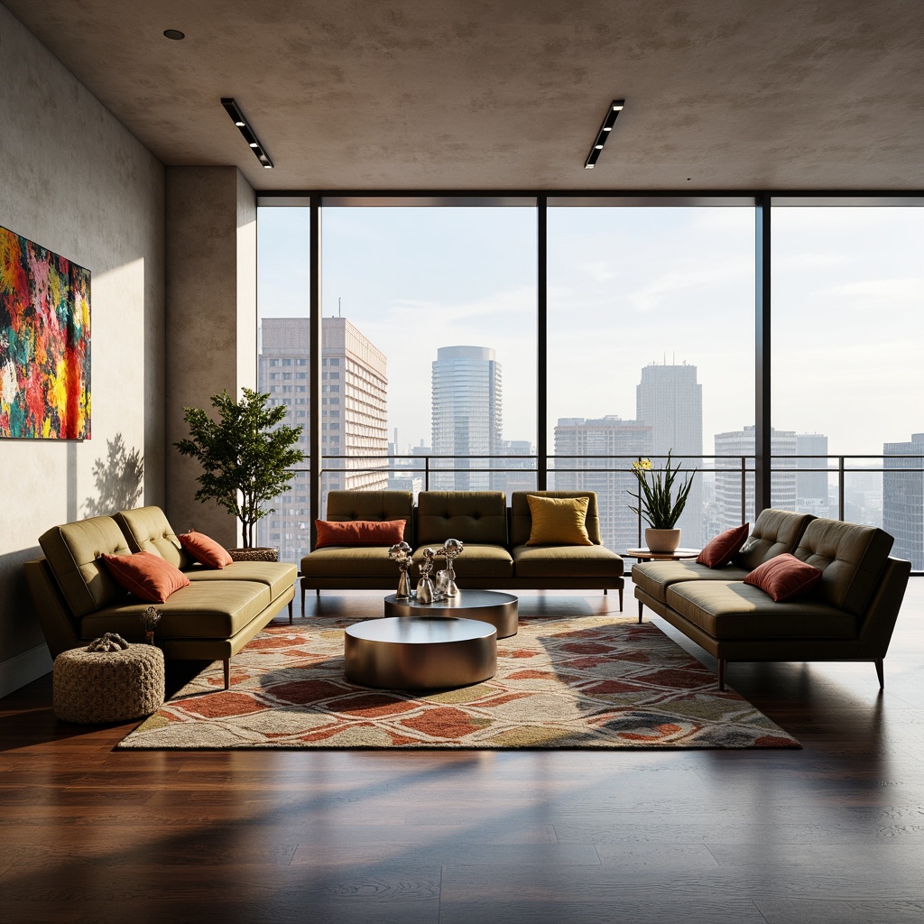 Prompt: Sleek modern living room, curved lines, low-profile sofas, tufted velvet upholstery, metallic coffee tables, geometric patterned rugs, minimalist decor, floor-to-ceiling windows, natural light, urban city views, 1/1 composition, softbox lighting, ambient shadows, realistic wood textures, reflective surfaces, mid-century modern accents, industrial chic touches, vibrant colorful artwork, abstract sculptures.