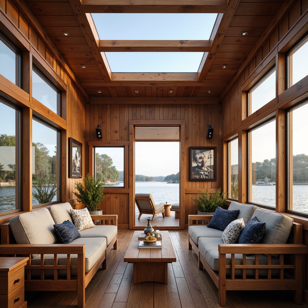 Prompt: Cozy boathouse interior, wooden accents, nautical decor, large windows, sliding glass doors, skylights, clerestory windows, transparent roofing, reflective water views, marine-inspired color palette, soft warm lighting, gentle natural illumination, 1/1 composition, symmetrical layout, minimal obstruction, uncluttered space, organic textures, subtle wood grain patterns, serene atmosphere, peaceful ambiance.