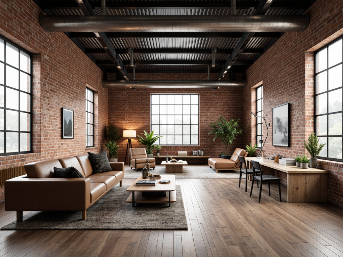 Prompt: Industrial chic warehouse, exposed brick walls, metal beams, reclaimed wood flooring, minimalist decor, functional furniture, Nordic-inspired design, sleek lines, simple shapes, natural materials, monochromatic color scheme, distressed leather sofas, wooden coffee tables, metal-legged chairs, industrial-style lighting fixtures, vintage decorative items, greenery accents, airy atmosphere, abundant natural light, shallow depth of field, 3/4 composition, realistic textures.