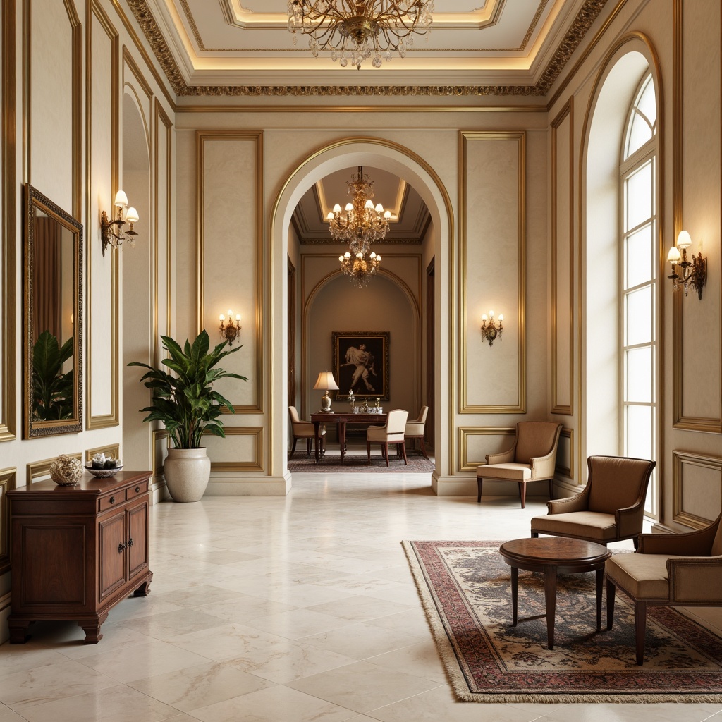 Prompt: Elegant neoclassical interior, cream-colored marble floors, ornate gold accents, soft beige walls, rich walnut wood furniture, luxurious velvet fabrics, subtle patterned rugs, crystal chandeliers, warm ambient lighting, shallow depth of field, 1/2 composition, realistic textures, high-contrast rendering.