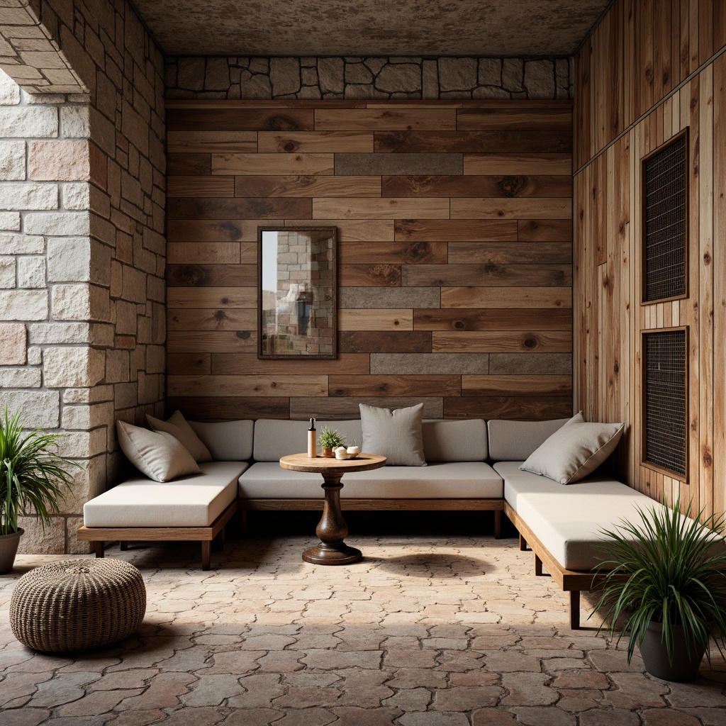 Prompt: Rustic stone walls, distressed wooden planks, rough-hewn brick surfaces, textured concrete finishes, 3D geometric patterns, metallic mesh accents, natural fiber woven panels, reclaimed wood features, earthy tone color palette, warm ambient lighting, shallow depth of field, 1/2 composition, realistic normal maps, detailed bump maps, cinematic camera angles.