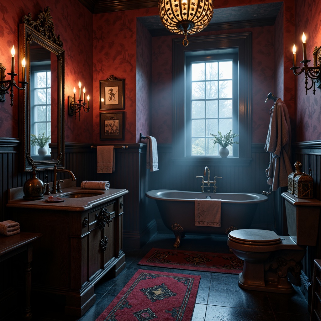 Prompt: Dark mysterious ambiance, gothic-inspired bathroom, rich wood tones, ornate metal fixtures, lavish stone carvings, dramatic lighting, mystical foggy atmosphere, eerie shadows, bold crimson red, deep indigo blue, midnight black, warm golden accents, luxurious velvet textures, antique bronze hardware, intricate Victorian patterns, distressed finishes, mysterious ancient artifacts, soft candlelight glow, hauntingly beautiful.