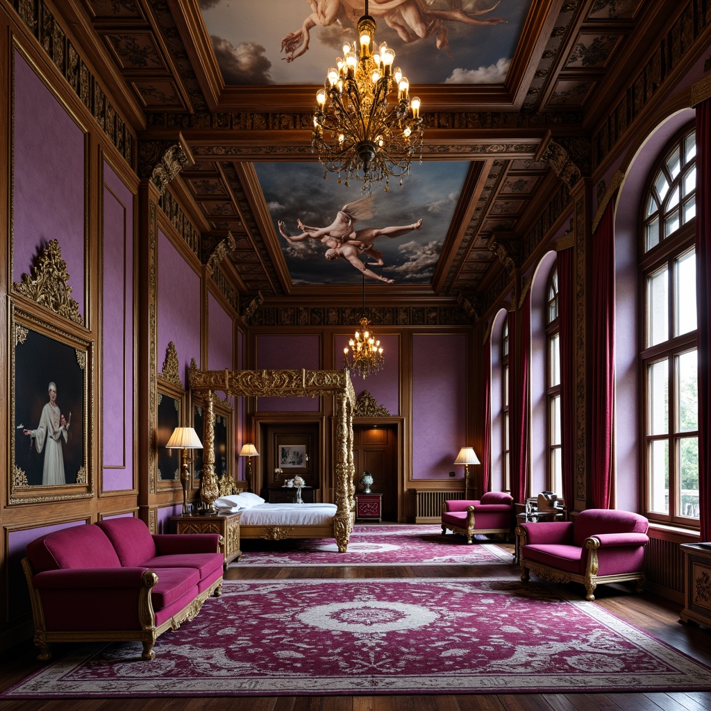 Prompt: Luxurious throne chairs, intricately carved wooden frames, gilded accents, velvet upholstery, ornate mirrors, crystal chandeliers, richly patterned rugs, lavish drapery, grandiose sofas, imposing four-poster beds, majestic armoires, golden hardware, regal purple hues, opulent marble surfaces, dramatic coved ceilings, exquisite fresco details, warm candlelight illumination, 1/1 composition, shallow depth of field, realistic textures.