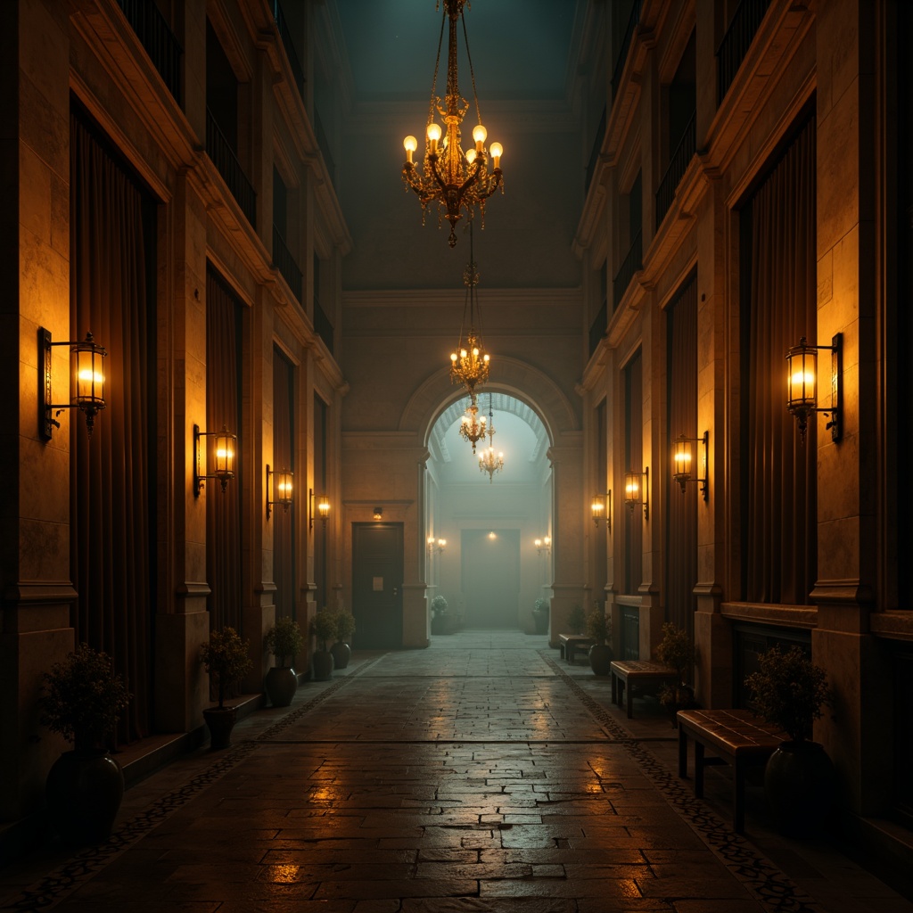 Prompt: Moody atmospheric setting, dimly lit corridors, warm golden lighting, soft glowing lanterns, mystical fog, eerie mist, ancient stone walls, mysterious archways, grand high ceilings, ornate chandeliers, lavish drapery, rich velvet fabrics, subtle color grading, cinematic ambiance, low-key illumination, dramatic shadows, 1/2 composition, narrow depth of field, realistic lighting effects.