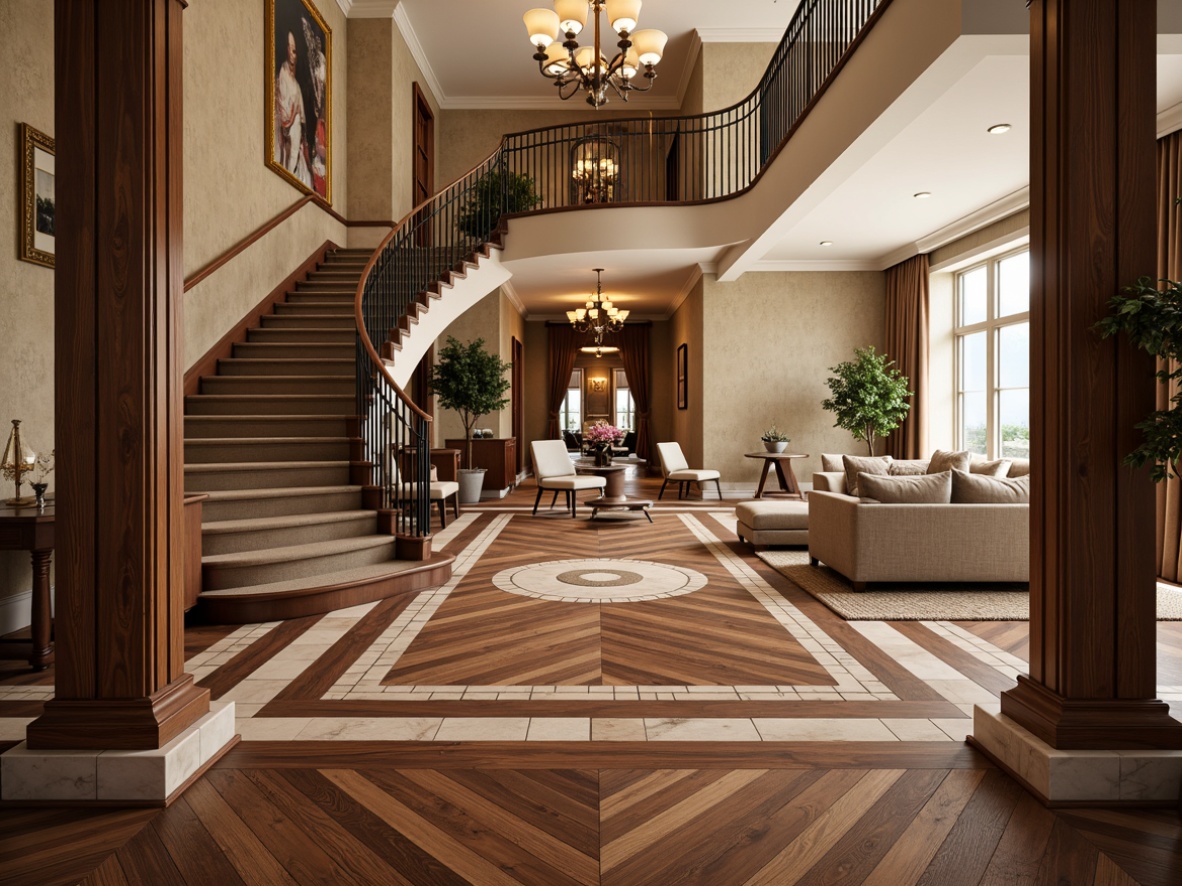 Prompt: Intricate hardwood flooring, herringbone pattern, dark walnut tones, ornate marble inlays, soft beige carpeting, classic chevron design, luxurious wool rugs, subtle texture contrast, elegant staircases, curved banisters, opulent chandeliers, grand ceiling heights, lavish furnishings, refined color palette, warm golden lighting, shallow depth of field, 1/1 composition, realistic textures, ambient occlusion.