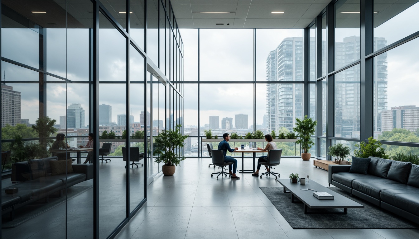 Prompt: Modern office building, sleek glass walls, minimalist interior design, polished metal frames, transparent partitions, open floor plan, collaborative workspaces, natural light influx, cityscape views, urban landscape, cloudy sky, soft diffused lighting, shallow depth of field, 1/1 composition, realistic reflections, ambient occlusion.