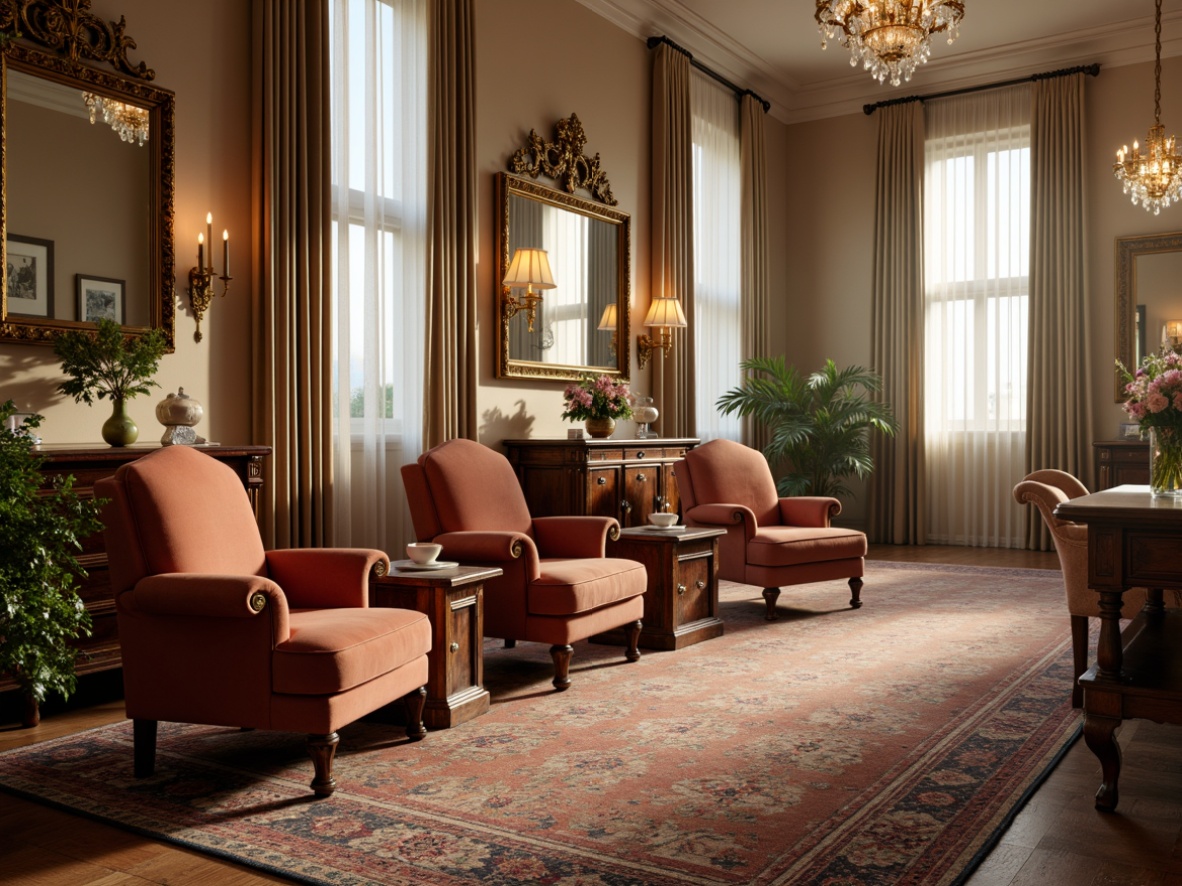 Prompt: Elegant armchairs, ornate wooden legs, luxurious velvet upholstery, carved mahogany frames, intricately patterned rugs, symmetrical console tables, gilded mirror frames, crystal chandeliers, subtle color palette, refined lines, classic proportions, stately atmosphere, formal living room setting, spacious high ceilings, large windows with draped curtains, warm golden lighting, 1/1 composition, shallow depth of field, realistic textures.