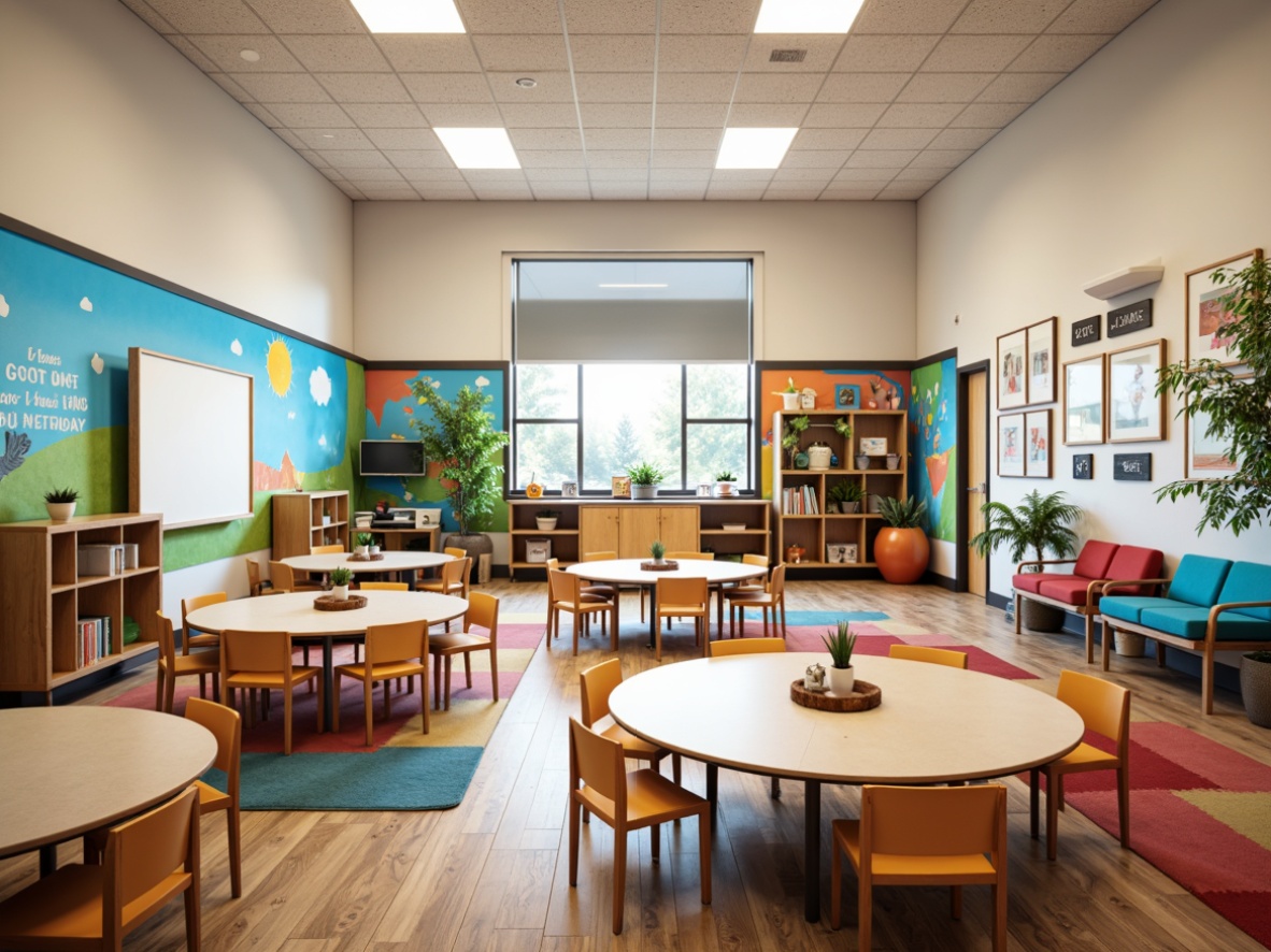 Prompt: Colorful elementary school classrooms, circular tables, ergonomic chairs, interactive whiteboards, collaborative learning spaces, natural light pouring in, wooden floors, vibrant wall art, inspirational quotes, soft cushioned reading nooks, flexible seating arrangements, modular bookshelves, green plants, calming color schemes, minimalist decor, educational displays, technology integration, laptops and tablets, kid-friendly furniture, open shelving units, comfortable carpeted areas, 1/1 composition, warm and inviting atmosphere, softbox lighting, shallow depth of field.