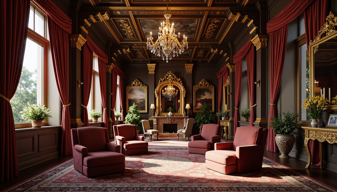 Prompt: Opulent throne-like chairs, intricately carved wooden frames, gilded accents, luxurious velvet upholstery, ornate mirrors, grandiose chandeliers, richly patterned rugs, lavish drapery, sweeping curves, majestic proportions, stately columns, golden leaf motifs, subtle Rococo influences, dramatic lighting, mysterious shadows, regal atmosphere, Renaissance-inspired carvings, exquisite marquetry, sumptuous fabrics, aristocratic ambiance.