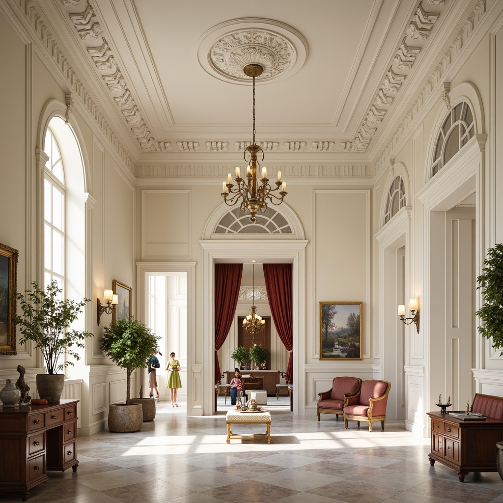 Prompt: Elegant neoclassical interior, ornate molding details, creamy white walls, polished marble floors, grand chandeliers, intricately carved wooden furniture, subtle gilded accents, soft warm lighting, shallow depth of field, 1/1 composition, realistic textures, ambient occlusion, refined stucco ceiling, decorative pilasters, ornamental archways, sophisticated color palette, rich velvet drapes, luxurious upholstery, exquisite artwork.