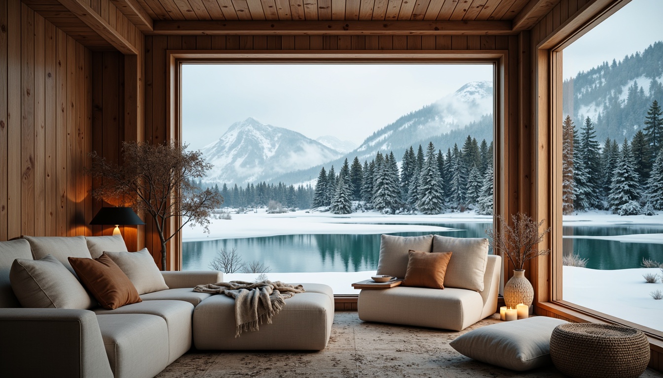 Prompt: Nordic wooden cabin, snow-capped mountains, frozen lakes, misty forests, warm candlelight, cozy textiles, natural wood accents, soft pastel hues, calming blues, creamy whites, earthy browns, rich turquoises, minimal ornamentation, clean lines, functional simplicity, organic shapes, nature-inspired patterns, subtle contrasts, atmospheric perspective, warm golden lighting, shallow depth of field, 2/3 composition.