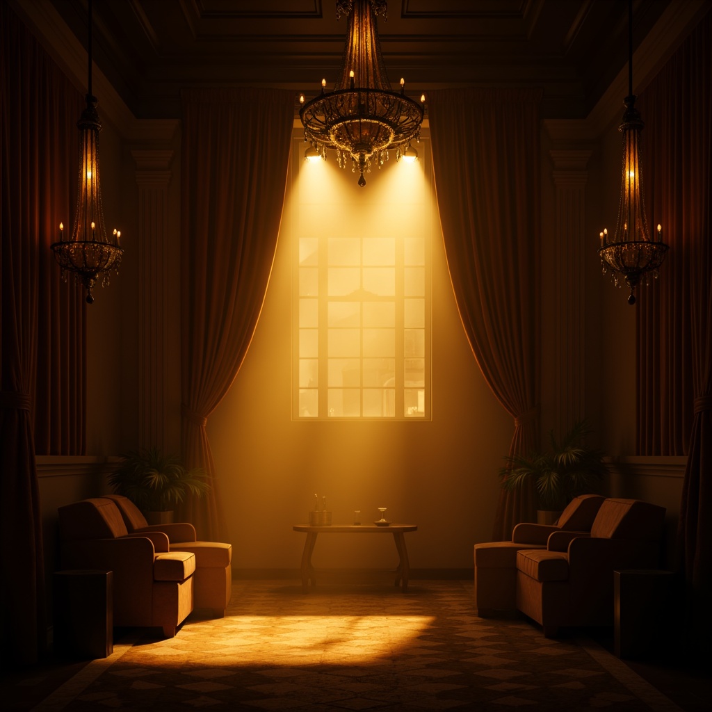 Prompt: Dramatic interior scene, warm golden lighting, softbox shadows, intense spotlight beams, mysterious ambiance, luxurious velvet drapes, ornate chandeliers, crystal pendant lights, low-key illumination, cinematic mood, high-contrast ratio, dramatic color grading, warm color temperature, misty fog effects, eerie silhouette, isolated focal points, subtle glow accents, atmospheric haze, mysterious darkness.