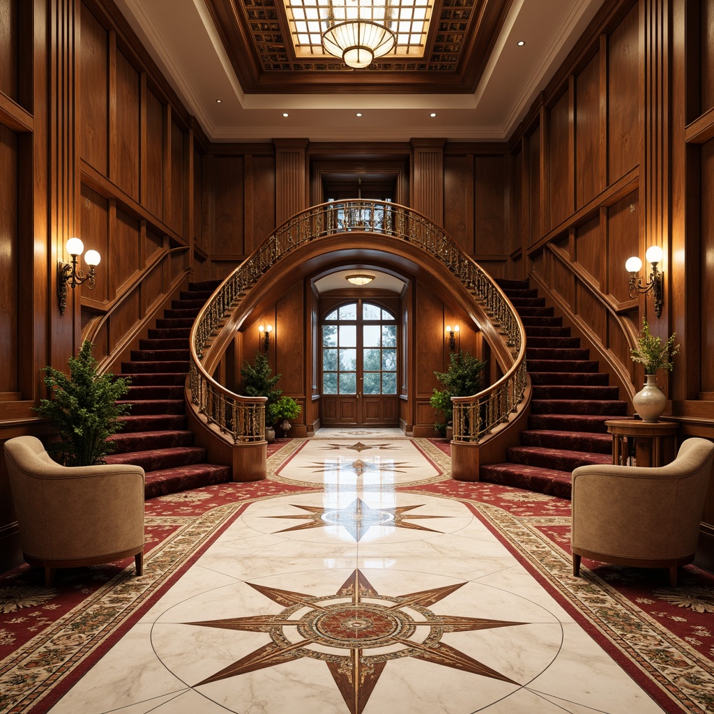 Prompt: Polished marble floors, intricate inlays, ornate patterns, grand staircases, luxurious carpets, velvet textures, rich wood tones, walnut paneling, classical motifs, elegant furnishings, refined atmosphere, soft warm lighting, shallow depth of field, 3/4 composition, realistic textures, ambient occlusion.