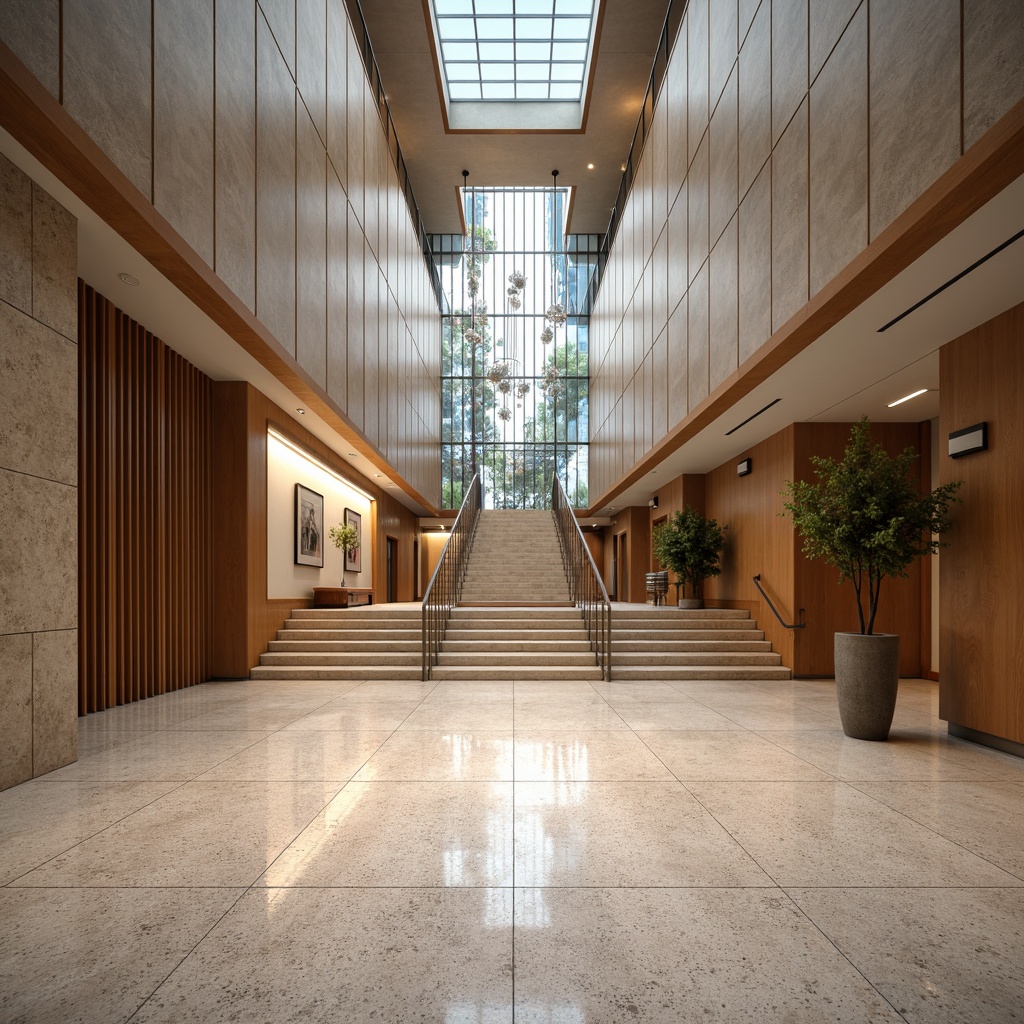 Prompt: Grand courthouse entrance, polished granite floors, sleek metal handrails, modern glass atrium, minimalist chandeliers, warm neutral color palette, natural stone walls, elegant wooden accents, refined contemporary style, dramatic staircase, spacious open interior, soft diffused lighting, subtle architectural details, realistic textures, ambient occlusion, 3/4 composition, symmetrical view.