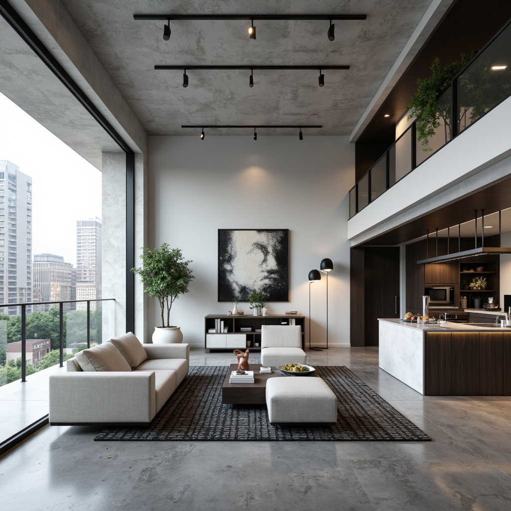 Prompt: Minimalist living room, sleek low-profile furniture, polished concrete floors, industrial-chic metal accents, floor-to-ceiling windows, natural light pouring in, urban cityscape views, modern abstract art pieces, geometric-patterned rugs, monochromatic color scheme, hidden LED lighting, multi-functional storage units, compact kitchenette, high-gloss cabinetry, stainless steel appliances, built-in shelving, open-plan layout, airy atmosphere, soft indirect lighting, 1/1 composition, shallow depth of field, realistic textures.