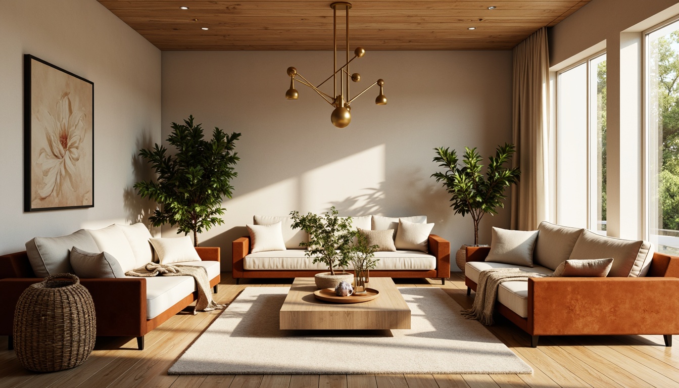 Prompt: Cozy living room, plush velvet sofas, soft cushions, warm beige walls, natural wood flooring, floor-to-ceiling windows, abundant sunlight, elegant chandeliers, minimalist coffee tables, comfortable throw blankets, woven baskets, organic fabrics, earthy color palette, relaxing atmosphere, softbox lighting, shallow depth of field, 1/1 composition, realistic textures.