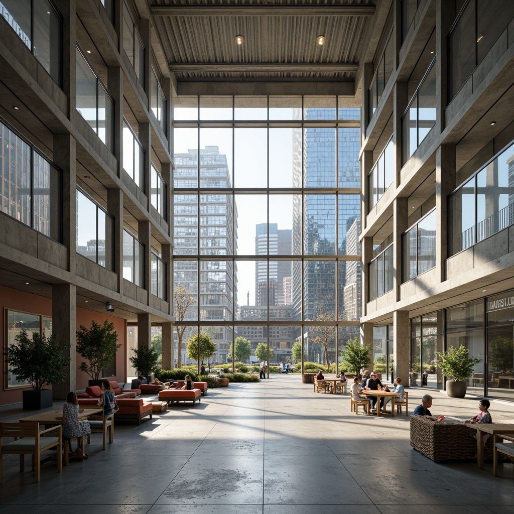 Prompt: Modern government building, open atrium, minimalist decor, industrial materials, steel beams, concrete floors, large windows, natural light, collaborative workspaces, communal seating areas, geometric shapes, functional simplicity, bold typography, primary color scheme, urban cityscape, morning sunlight, shallow depth of field, 1/1 composition, realistic textures, ambient occlusion.