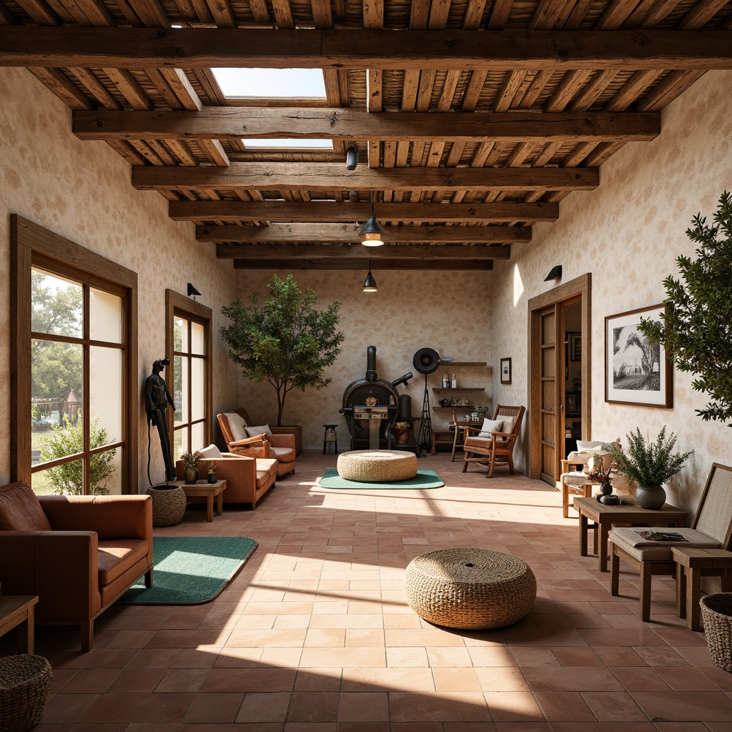 Prompt: Earthy Mediterranean factory interior, distressed wooden beams, rustic metal accents, warm terracotta floors, creamy stucco walls, soft ambient lighting, industrial machinery, worn leather furniture, woven wicker baskets, potted olive trees, natural linen fabrics, turquoise ceramic tiles, sunny skylights, shallow depth of field, 1/2 composition, realistic textures, subtle color gradients.