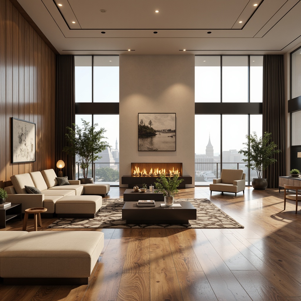 Prompt: Luxurious living room, streamline moderne aesthetic, polished chrome accents, high-gloss wooden floors, creamy marble countertops, velvety soft sofas, minimalist coffee tables, geometric patterned rugs, abstract artwork, floor-to-ceiling windows, natural light pouring in, subtle warm lighting, shallow depth of field, 1/1 composition, cinematic view, realistic reflections, ambient occlusion.