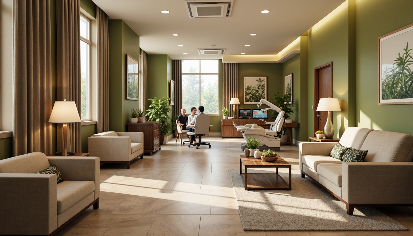 Prompt: Cozy waiting area, plush sofas, wooden coffee tables, calming green walls, soft overhead lighting, ergonomic chairs, adjustable dental units, sleek metal instruments, sterile countertops, hygienic flooring, calming nature-inspired artwork, warm beige colors, inviting reception desks, comfortable patient lounges, quiet private consultation rooms, soothing background music, gentle air purification systems, 1/2 composition, shallow depth of field, realistic textures.