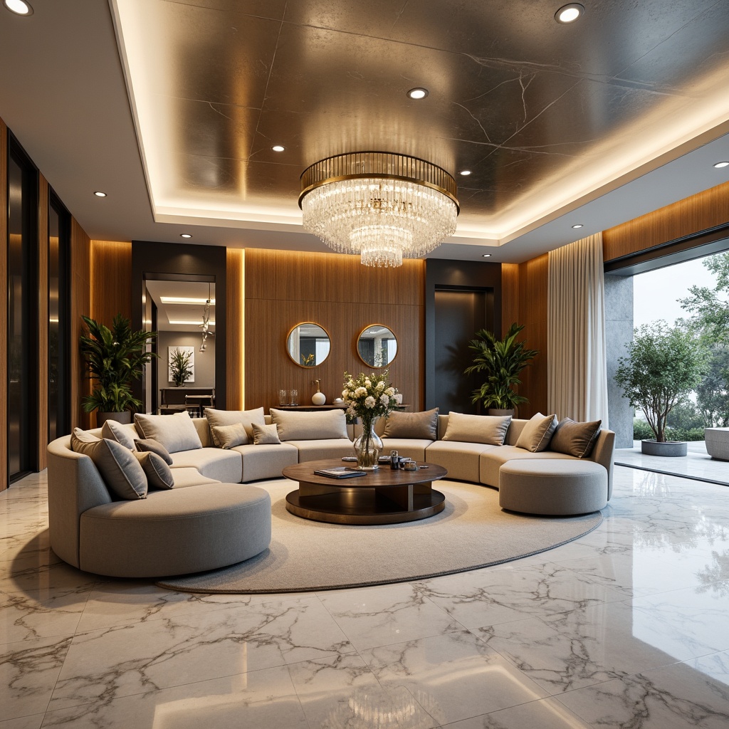 Prompt: Luxurious living room, polished marble floors, sleek chrome accents, velvety soft sofas, curved streamline moderne furniture, ambient warm lighting, rich wood paneling, metallic silver ceiling, opulent gold decorations, lavish crystal chandeliers, sophisticated neutral color palette, high-gloss paint finishes, elegant minimalist decor, refined modernist architecture, shallow depth of field, 1/1 composition, natural daylight, softbox lighting, realistic reflections, detailed textures.