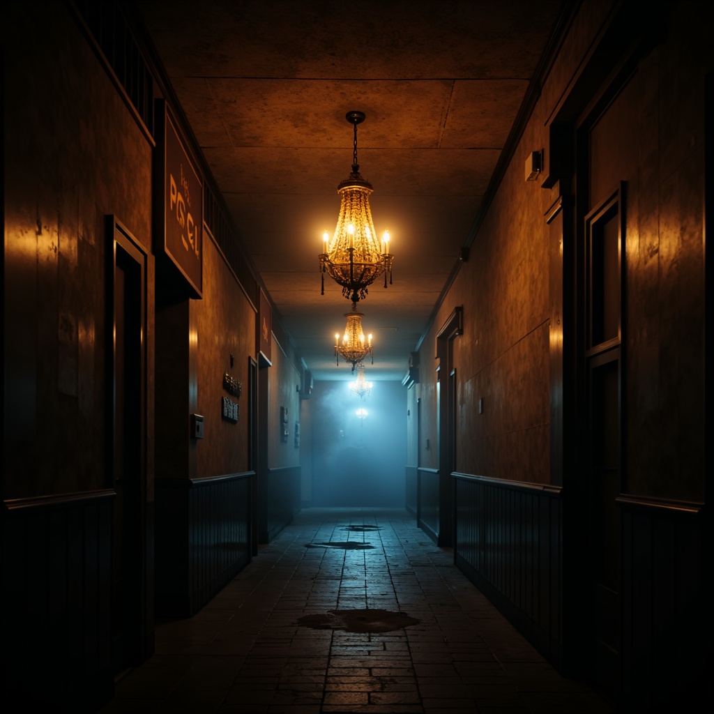 Prompt: Dimly lit corridors, flickering torches, mysterious shadows, intense spotlights, bold color contrasts, low-key lighting, dramatic chandelier, ornate candelabras, eerie mist, foggy atmosphere, high-contrast ratios, cinematic composition, 1/3 rule, shallow depth of field, warm golden tones, cool blue hues.