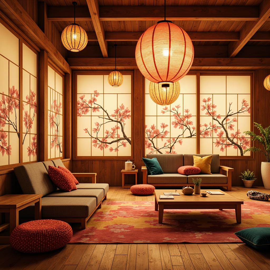 Prompt: Vibrant paper lanterns, delicate cherry blossom patterns, soft warm glow, natural wood accents, traditional Japanese shoji screens, sliding doors, minimalist decor, playful colorful rugs, whimsical cloud-shaped fixtures, gentle LED lighting, cozy reading nooks, nature-inspired elements, woven bamboo shades, Asian-style geometric motifs, circular pendant lights, rustic wooden tables, tiny stools, cheerful polka-dot fabrics.