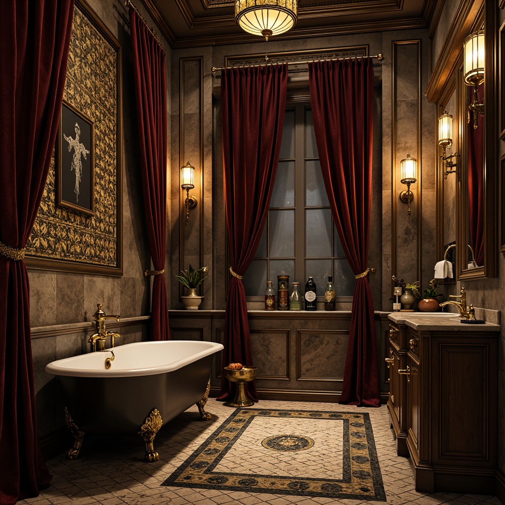 Prompt: Elegant gothic bathroom, ornate tile patterns, dark mysterious ambiance, rich velvet drapes, intricately carved wooden cabinets, medieval-inspired fixtures, warm golden lighting, hexagonal tiles with floral motifs, geometric inlays, ornamental borders, distressed stone walls, vintage apothecary jars, mystical symbols etched on glass, atmospheric misting system, softbox lighting, 1/2 composition, realistic textures, subtle ambient occlusion.