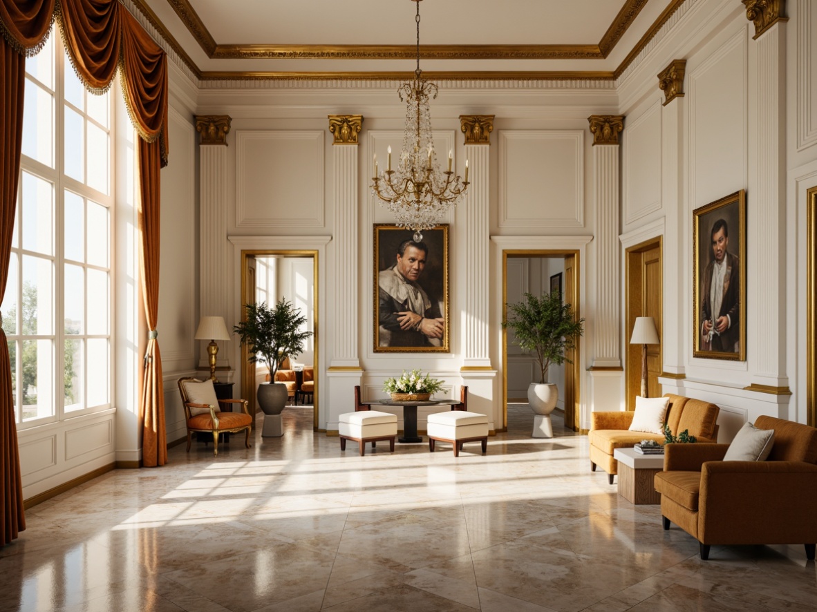 Prompt: Neoclassical interior, grand chandelier, ornate moldings, rich velvet fabrics, intricate carvings, polished marble floors, creamy white walls, warm beige accents, gilded frames, elegant furnishings, sophisticated ambiance, soft golden lighting, subtle shadowing, 1/1 composition, realistic textures, ambient occlusion.