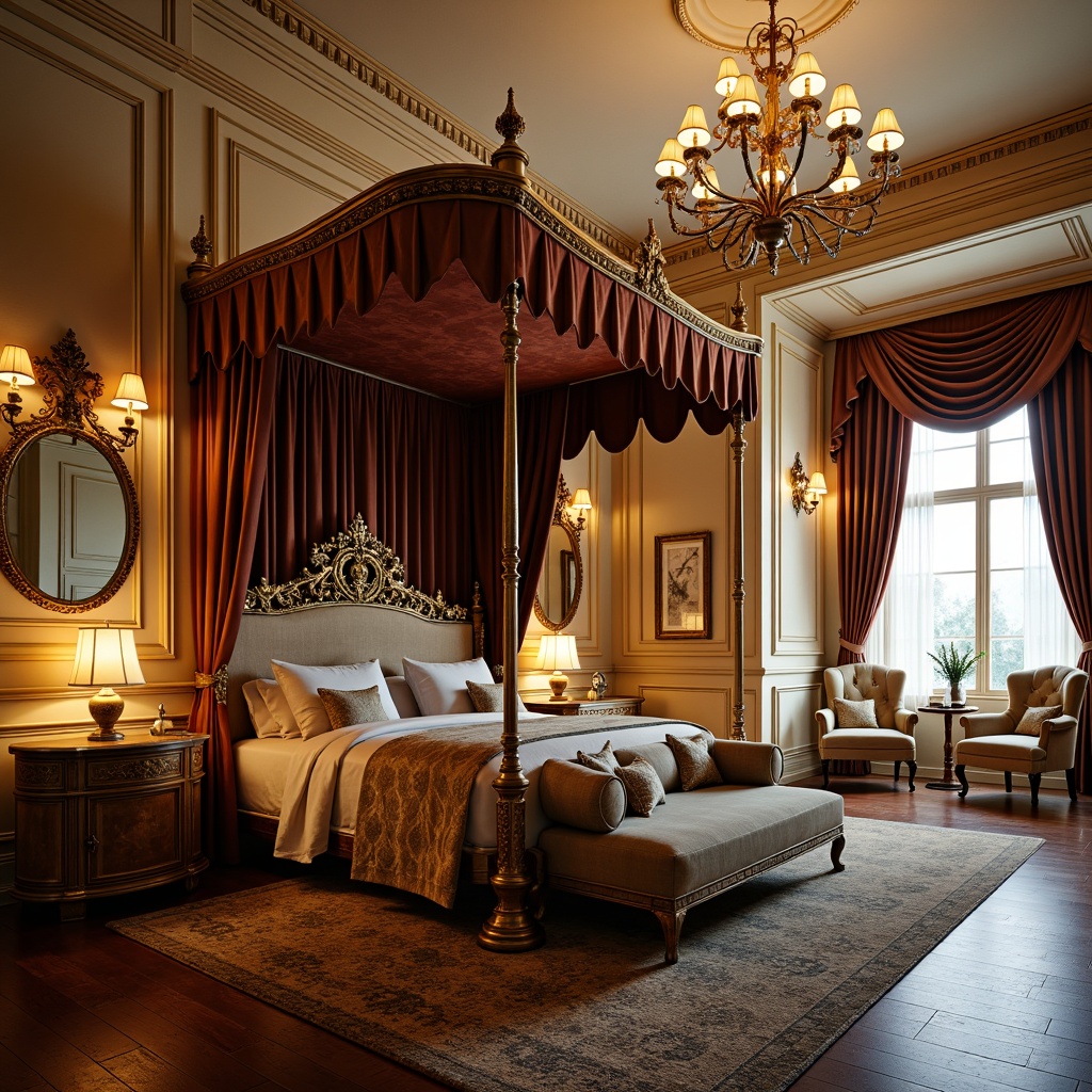 Prompt: Luxurious Baroque-style bedroom, ornate gold accents, intricately carved wooden furnishings, velvet drapes, rich brocade fabrics, gilded mirrors, crystal chandeliers, lavish canopy beds, opulent upholstery, soft warm lighting, shallow depth of field, 3/4 composition, intimate atmosphere, warm beige walls, dark wood floors, subtle texture overlays, realistic reflections, ambient occlusion.