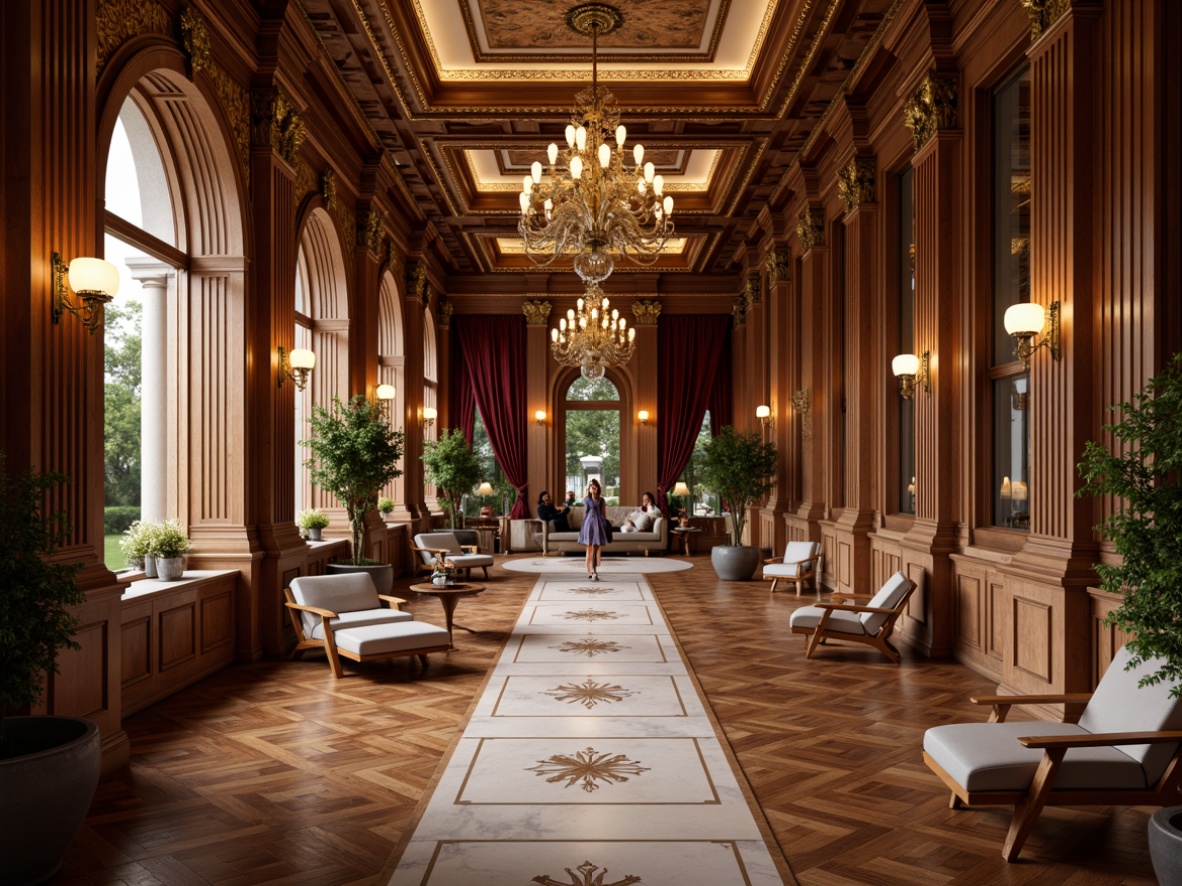 Prompt: \Neoclassical interior, ornate wooden flooring, rich walnut tones, polished marble surfaces, intricate inlays, geometric patterns, herringbone designs, soft warm lighting, classic columns, grand chandeliers, ornamental moldings, luxurious fabrics, velvet drapes, golden accents, refined ambiance, 1/2 composition, shallow depth of field, realistic textures.\