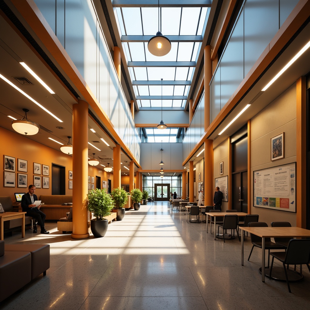 Prompt: Vibrant high school hallway, bright overhead lighting, soft warm glow, LED strips, suspended ceiling fixtures, pendant lights, table lamps, natural daylight, large windows, clerestory windows, skylights, diffused illumination, layered lighting design, task-oriented lighting, ambient lighting, accent lighting, 3D modeling software, realistic renderings, dramatic shadows, high contrast ratios, warm color temperatures, energy-efficient solutions, sustainable materials, collaborative learning spaces, flexible seating arrangements, interactive whiteboards, educational graphics.