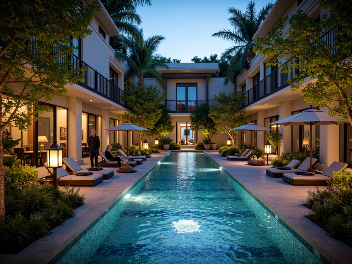 Prompt: Elegant pool surroundings, lush greenery, ornate fountains, vintage lanterns, warm golden lighting, soft uplighting, subtle water features, natural stone coping, classic columns, symmetrical architecture, serene ambiance, afternoon sunbeams, dramatic nighttime illumination, sparkling water effects, shimmering mosaic tiles, inviting lounge chairs, luxurious pool umbrellas, Mediterranean-inspired decor.