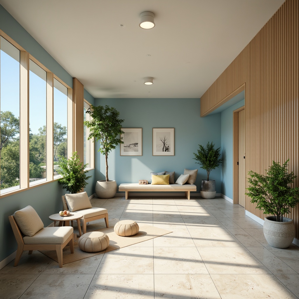 Prompt: Calming healthcare facility, soft pastel hues, serene blue tones, warm beige accents, natural wood textures, gentle cream colors, peaceful greenery, lush plants, organic shapes, minimalist decor, calming ambiance, soft diffused lighting, shallow depth of field, 1/2 composition, realistic renderings, ambient occlusion.