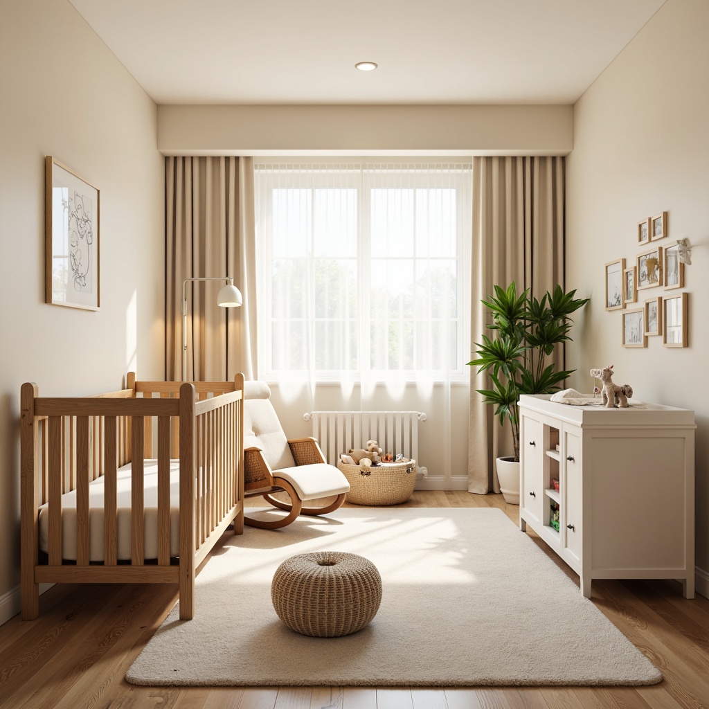 Prompt: Modern baby room, soft pastel colors, minimalist decor, sleek wooden crib, plush area rug, comfortable glider rocker, storage ottoman, changing table, gentle natural light, warm beige walls, creamy white furniture, rounded edges, safety gates, baby toys, stuffed animals, greenery plants, calm ambiance, shallow depth of field, 1/1 composition, softbox lighting, realistic textures.